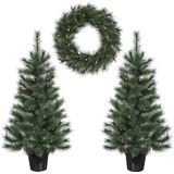Black Box Trees - Glendon - Set van 2 Kerstbomen en 1 Krans - Groen - PVC Hardneedle - LED Verlichting