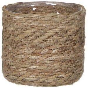 Mica Decorations Plantenmand - rotan - naturel met bruin - 14 x14 cm - Met plastic binnenkant