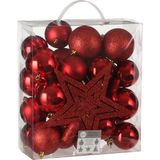 House of Seasons Unbreakable - 40 stuks kunststof kerstballen en kerstornamenten met ster piek - Rood mix