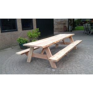Douglashout boomstam picknicktafel - 5 cm dik - met vaste banken - 200x90 - zware kwaliteit