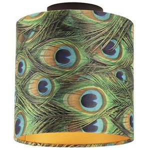 Plafondlamp met velours kap pauw met goud 20 cm - Combi zwart