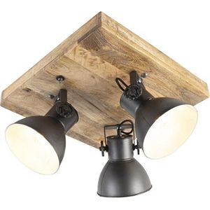 Qazqa - Industriestrahler schwarz mit Mangoholz 3 Lichter - Mangos