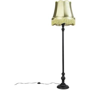 QAZQA - Klassiek | Antiek Vloerlamp zwart met Granny kap groen - Classico | Woonkamer | Slaapkamer | Keuken - Stof Langwerpig |Rond schuin - E27 Geschikt voor LED - Max. 1 x 40 Watt