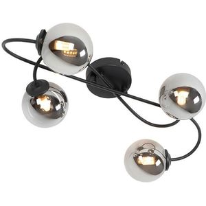 Moderne plafondlamp zwart 4-lichts met smoke glas - Athens