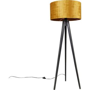 Vloerlamp tripod zwart met kap goud 50 cm - Tripod Classic
