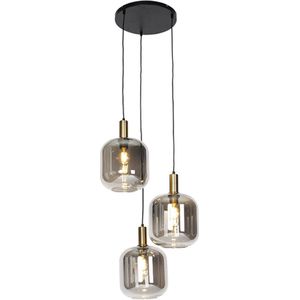 Qazqa - Design Hängelampe schwarz mit gold mit Rauchglas 3-flammig - Zuzanna