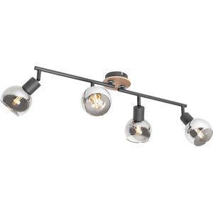 Plafondlamp zwart met smoke glas en hout 4-lichts - Vidro