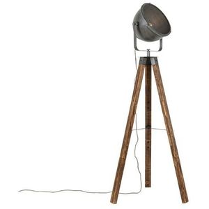 Industriële vloerlamp tripod staal met hout kantelbaar - Emado