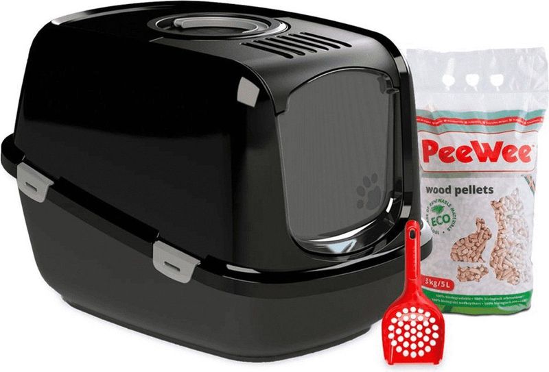 PeeWee EcoDome XXL Zwart +3 kg houtkorrels +Schepje, Kattenbak-Combideal