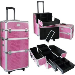 Makeup trolley 3 in 1 - Croco Roze - Met spiegel - Nagel trolley, visagie koffer - Voor nagelstyliste, pedicure, schoonheidsspecialiste, kapster / kapper, visagie