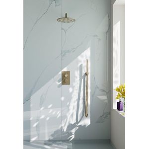 Fortifura Calvi Inbouw Regendoucheset - thermostatisch - wandarm - 25cm hoofddouche - staaf handdouche - metalen doucheslang - geborsteld Messing PVD (Goud) SW706206/SW720555/SW720562/SW720569/SW720570/SW721