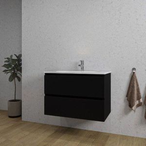 Adema Chaci Badkamermeubelset - 80x46x57cm - 1 ovale keramische wasbak wit - 1 kraangat - 2 lades - mat zwart