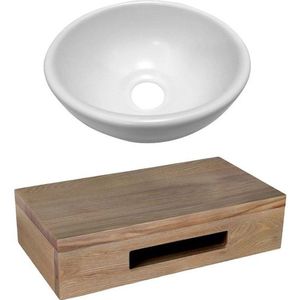 Adema Fonteinset met Waskom 20x20x9cm glans wit fonteinplank 40x25x10cm rechthoek met handdoekhouder bruin eiken sw440853/sw642467