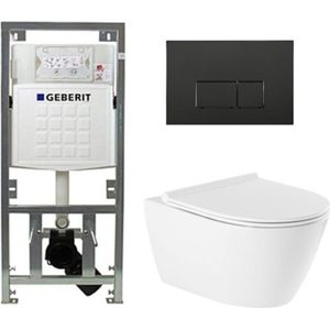 QeramiQ Salina Toiletset - rimless - Geberit inbouwreservoir - diepspoel wandcloset - softclose - quickrelease - bedieningspaneel met rechthoekige knoppen - mat zwart - wit 0701131/SW706189/sw96855/sw96857/