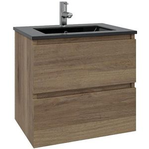 Adema Chaci Badkamermeubelset - 60x46x57cm - 1 keramische wasbak zwart - 1 kraangat - 2 lades - eiken SW1212759/SW761654