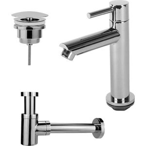 Fortifura Calvi fonteinkraanset met staande fonteinkraan laag, always open plug en design sifon Chroom