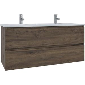 Adema Chaci Badkamermeubelset - 120x46x57cm - 2 keramische wasbakken wit - 2 kraangaten - 2 lades - noten (hout) SW718699/SW804533