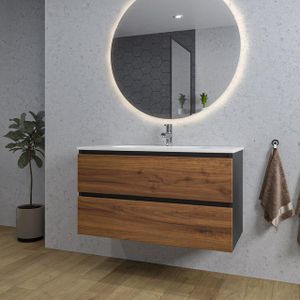 Adema Industrial 2.0 Badkamermeubelset - 100x45x55cm - 1 ovale keramische wasbak wit - 1 kraangat - ronde spiegel met verlichting - hout/zwart