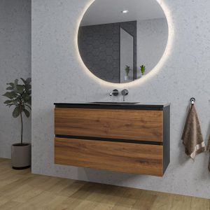 Adema Industrial 2.0 Badkamermeubelset - 100x45x55cm - 1 keramische wasbak zwart - zonder kraangat - ronde spiegel met verlichting - hout/zwart SW761660/SW773932/SW161922