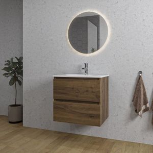 Adema Chaci Badkamermeubelset - 60x46x57cm - 1 ovale keramische wasbak wit - 1 kraangat - 2 lades - ronde spiegel met verlichting - noten (hout)