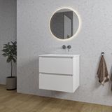 Adema Chaci Badkamermeubelset - 60x46x57cm - 1 keramische wasbak wit - zonder kraangaten - 2 lades - ronde spiegel met verlichting - mat wit