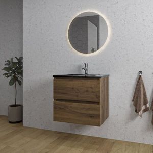 Adema Chaci Badkamermeubelset - 60x46x57cm - 1 keramische wasbak zwart - 1 kraangat - 2 lades - ronde spiegel met verlichting - noten (hout) SW718696/SW761654/SW108325