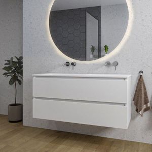 Adema Chaci Badkamermeubelset - 120x46x57cm - 2 keramische wasbakken wit - zonder kraangaten - 2 lades - ronde spiegel met verlichting - mat wit