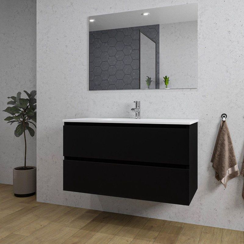 Adema Chaci Badkamermeubelset - 100x46x57cm - 1 keramische wasbak wit - 1 kraangat - 2 lades - rechthoekige spiegel - mat zwart SW1212776/SW804532/SW724612