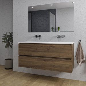 Adema Chaci Badkamermeubelset - 120x46x57cm - 2 keramische wasbakken wit - zonder kraangaten - 2 lades - rechthoekige spiegel - noten (hout)