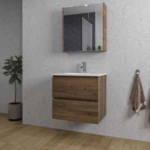 Adema Chaci Badkamermeubelset - 60x46x57cm - 1 ovale keramische wasbak wit - 1 kraangat - 2 lades - Spiegelkast - noten (hout) SW718696/SW718716/SW812066/SW812072