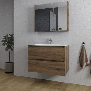 Adema Chaci Badkamermeubelset - 80x46x57cm - 1 ovale keramische wasbak wit - 1 kraangat - 2 lades - Spiegelkast - noten (hout)