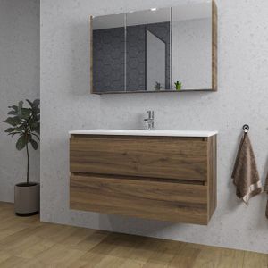 Adema Chaci Badkamermeubelset - 100x46x57cm - 1 keramische wasbak wit - 1 kraangat - 2 lades - Spiegelkast - noten (hout) SW718698/SW804532/SW812068/SW718698