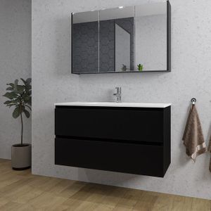 Adema Chaci Badkamermeubelset - 100x46x57cm - 1 keramische wasbak wit - 1 kraangat - 2 lades - Spiegelkast - mat zwart SW718706/SW804532/SW812068/SW812071