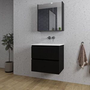 Adema Chaci Badkamermeubelset - 60x46x57cm - 1 keramische wasbak wit - zonder kraangaten - 2 lades - Spiegelkast - mat zwart SW718704/SW773925/SW812066/SW812071