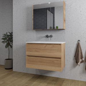 Adema Chaci Badkamermeubelset - 80x46x55cm - 1 keramische wasbak wit - zonder kraangaten - 2 lades - Spiegelkast - kaneel SW718701/SW773926/SW812067/SW812072