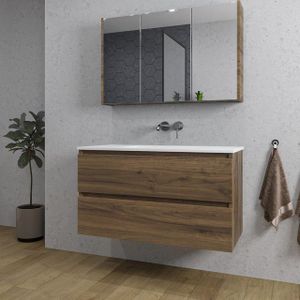 Adema Chaci Badkamermeubelset - 100x46x57cm - 1 keramische wasbak wit - zonder kraangaten - 2 lades - Spiegelkast - noten (hout) SW718698/SW773927/SW812068/SW812073