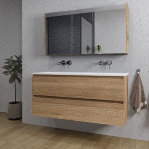 Adema Chaci Badkamermeubelset - 120x46x57cm - 2 keramische wasbakken wit - zonder kraangaten - 2 lades - Spiegelkast - kaneel SW718703/SW773928/SW812069/SW812072