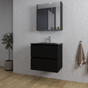 Adema Chaci Badkamermeubelset - 60x46x57cm - 1 keramische wasbak zwart - 1 kraangat - 2 lades - Spiegelkast - mat zwart SW718704/SW761654/SW812066/SW812071