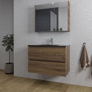 Adema Chaci Badkamermeubelset - 80x46x55cm - 1 keramische wasbak zwart - 1 kraangat - 2 lades - Spiegelkast - noten (hout) SW718697/SW761655/SW812067/SW812073