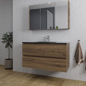 Adema Chaci Badkamermeubelset - 100x46x57cm - 1 keramische wasbak zwart - 1 kraangat - 2 lades - Spiegelkast - noten (hout) SW718698/SW761656/SW812068/SW812073