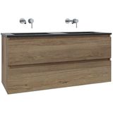 Adema Chaci Badkamermeubelset - 120x46x57cm - 2 keramische wasbakken zwart - zonder kraangaten - 2 lades - Spiegelkast - eiken SW1212781/SW1212818/SW812072/SW773933
