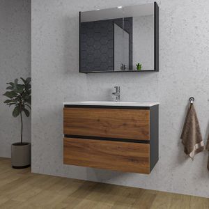 Adema Industrial 2.0 Badkamermeubelset - 80x45x55cm - 1 ovale keramische wasbak wit - 1 kraangat - zwarte Spiegelkast - hout/zwart SW761659/SW718717/SW812067/SW812071