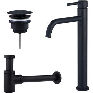 Fortifura Calvi Slim Wastafelkraanset - verhoogde wastafelkraan - always open plug - verlaagde design sifon - Mat zwart SW377836/SW696205/SW696215