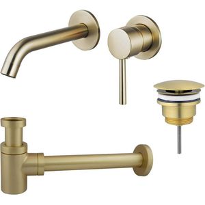 Fortifura Calvi Slim Wastafelkraanset - inbouw wastafelkraan - always open plug - verlaagde design sifon - Geborsteld Messing PVD (Goud)