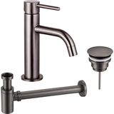 Fortifura Calvi Slim Wastafelkraanset - lage wastafelkraan - always open plug - verlaagde design sifon - Geborsteld Gunmetal PVD SW766538/SW769487/SW767295