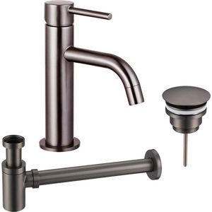 Fortifura Calvi Slim Wastafelkraanset - lage wastafelkraan - always open plug - verlaagde design sifon - Geborsteld Gunmetal PVD