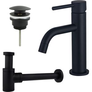 Fortifura Calvi Slim Wastafelkraanset - lage wastafelkraan - klikwaste plug - verlaagde design sifon - Mat zwart SW377835/SW696199/SW696215