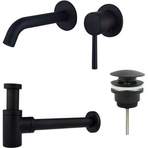 Fortifura Calvi Wastafelkraanset - inbouw wastafelkraan - klikwaste plug - verlaagde design sifon - Mat zwart SW377837/SW696199/SW696215