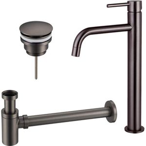 Fortifura Calvi Slim Wastafelkraanset - verhoogde wastafelkraan - klikwaste plug - verlaagde design sifon - Geborsteld Gunmetal PVD SW766539/SW767288/SW767295
