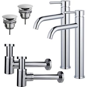 Fortifura Calvi Wastafelkraanset - voor dubbele wastafel - verhoogde wastafelkraan - always open plug - verlaagde design sifon - Chroom 2x SW377811/2x SW696209/2x SW696219